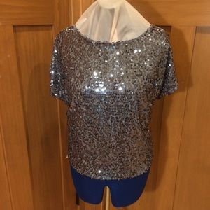 Wide Scoop Neck Sequined Front Silver /Gray T NWOT
